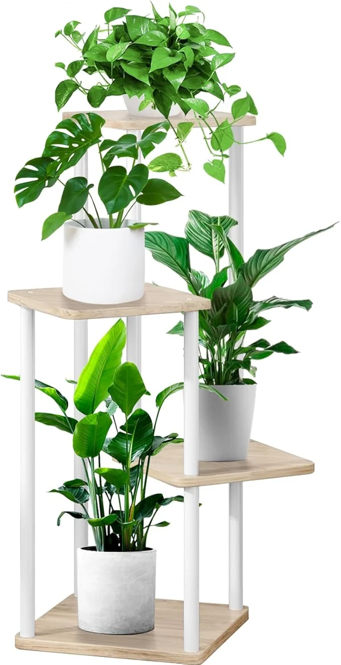 Secure 4 Tier Indoor Plant Stand Flower Shelf for Multiple Plants Corner Tall Flower Holders for Patio Garden Living Room Balcony Bedroom White Oak About ThisOverview User-Friendly
