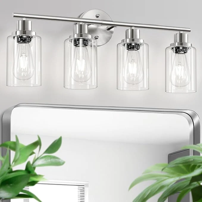 Easy-to-Use 4-Light Nickel Bathroom Light Fixtures E26 Modern Vanity Lights for Bathroom with Clear Glass Shade Wall Lamps for Mirror Hallway Kitchen Cabinet Living Room Sconces LightsAbout ThisOverview Exceptional