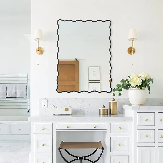 Professional Rectangle Wavy Wall Mirror for Bathroom 18 x24 Black Scalloped Wood Frame Vanity Mirror Decorative for Bedroom Living Room Home House Office EntrywayAbout ThisOverview High-End