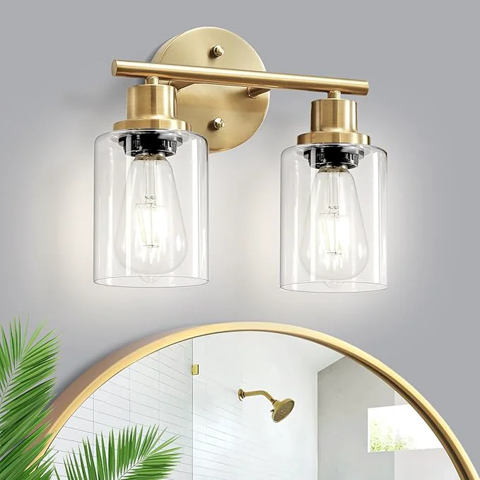 Reliable 2-Light E26 Bathroom Light Fixtures Modern Brushed Gold Vanity Lights for Bathroom with Clear Glass Shade Mirror Kitchen Hallway Cabinet Living Room Sconces Wall LightsAbout ThisOverview Eco-Friendly