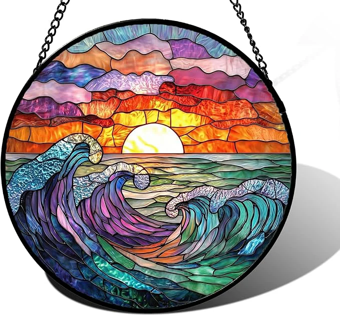 Premium Material Stained Glass Window Hanging Clouds and Sea Waves Suncatcher Diamond Glass Panel Hangings Scenery Sun Catchers Decor for Birthday for Women Men Wife Aunt and Mom 6.3 inAbout This Dependable