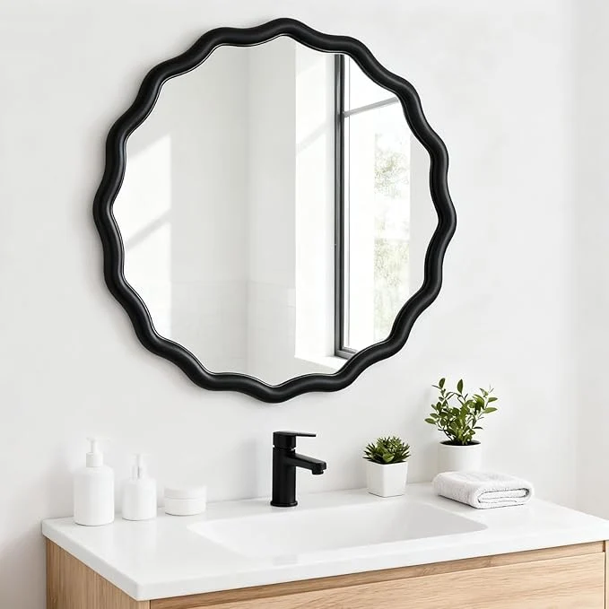 Elegant Circle Scalloped Mirror for Wall 32 Round Wavy Wooden Frame Vanity Mirror Hanging for Bedroom Living Room Hallway Entryway Home Decor BlackAbout ThisOverview Detailed