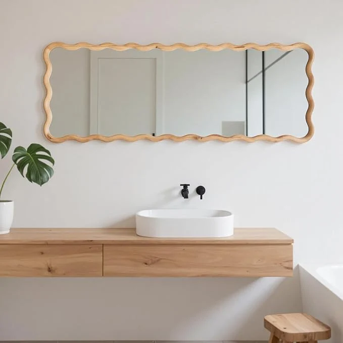 Traditional 18 x48 Long Irregular Wavy Full Length Wall Mirror Wood Framed Full Body Floor Mirror Leaning Against Wall for Dressing Bedroom Living Room Cloakroom Horizontal or Vertical Hanging NatureAbout ThisOverview Long-Lasting
