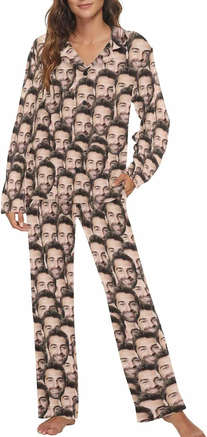 Breathable MyPupSocks Custom Face Pajamas for Women Set Personalized Photo Long Sleepwear XS-XXL High-Quality