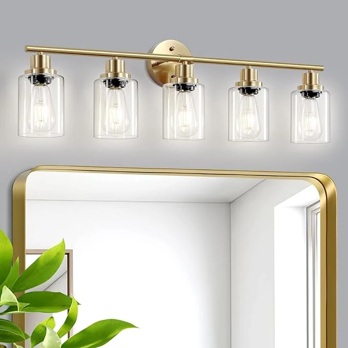 Minimalist 5-Light Bathroom Vanity Lights E26 Modern Brushed Gold Bathroom Light Fixtures with Clear Glass Shade Mirror Kitchen Hallway Cabinet Living Room Sconces Wall LightsAbout ThisOverview Fine