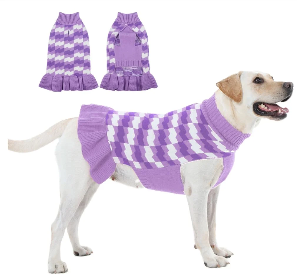 Sustainable OUOBOB Purple XXL Dog Sweater Dress for Large Female Dogs – Leash Hole Thick Turtleneck Knit Optimized