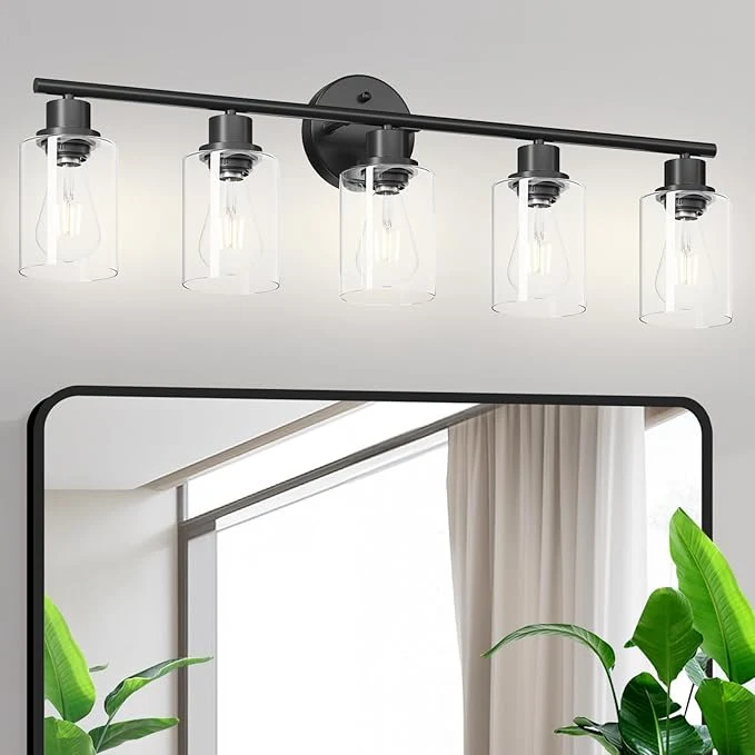 Expertly Made 5-Light Black Bathroom Vanity Lights E26 Modern Bathroom Light Fixtures with Clear Glass Shade Mirror Kitchen Hallway Cabinet Living Room Sconces Wall LightsAbout ThisOverview Comfortable
