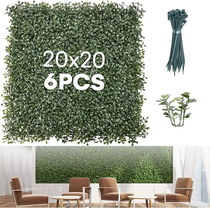 Easy-to-Use Grass Wall Panels 20″ × 20″ 6 Pack – UV-Protected Artificial Boxwood Hedge Greenery Backdrop Covers 16.66 sq ft Indoor Outdoor Privacy Fence Screen Zip Ties Spare Leaves IncludedAbout ThisOverview Expertly Made