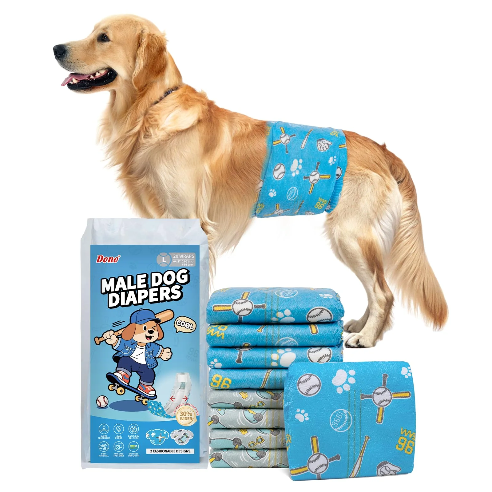 Breathable Dono Dog Diapers Male 40ct – Widened Leak-Proof Wraps with Wetness Indicator Large Quality