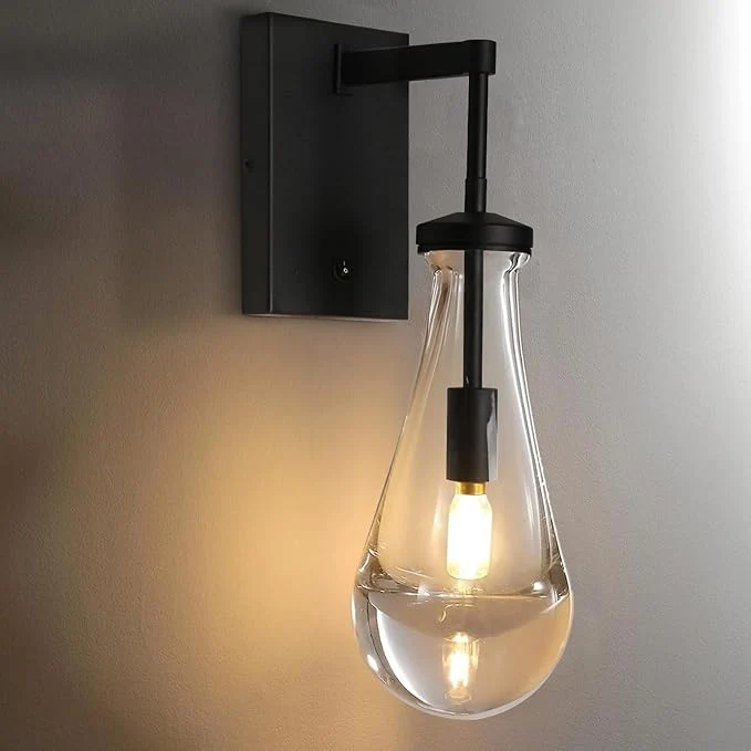 High-Performance HuisMier Raindrop Wall Sconces Black Wall Sconces with On Off Switch Modern Clear Glass Wall Lamp Vanity Light Fixtures for Bathroom Bedroom Living Room Hallway HardwiredAbout ThisOverview Versatile