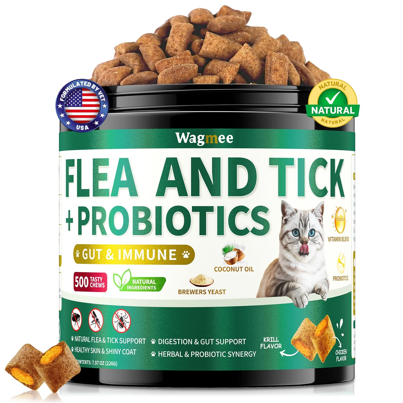 Artisan Wagmee Flea Tick Prevention Chews for Cats 500 Crunchy Creamy Probiotic Cat Bites Lightweight