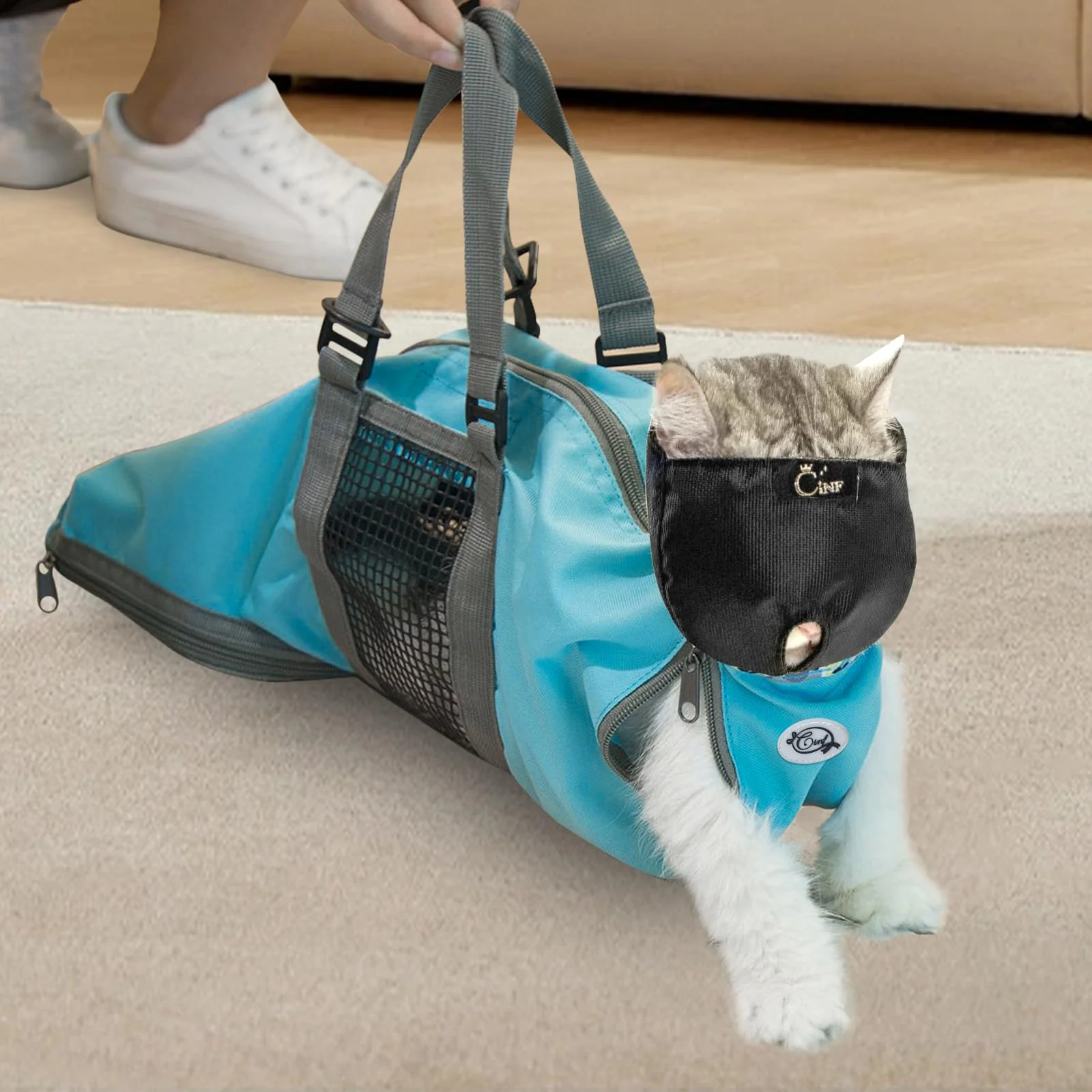 Sustainable Cinf Cat Grooming Bag with Blue Muzzle – Safe Bathing Nail Trimming Examining Size M 8–12 lbs Sophisticated