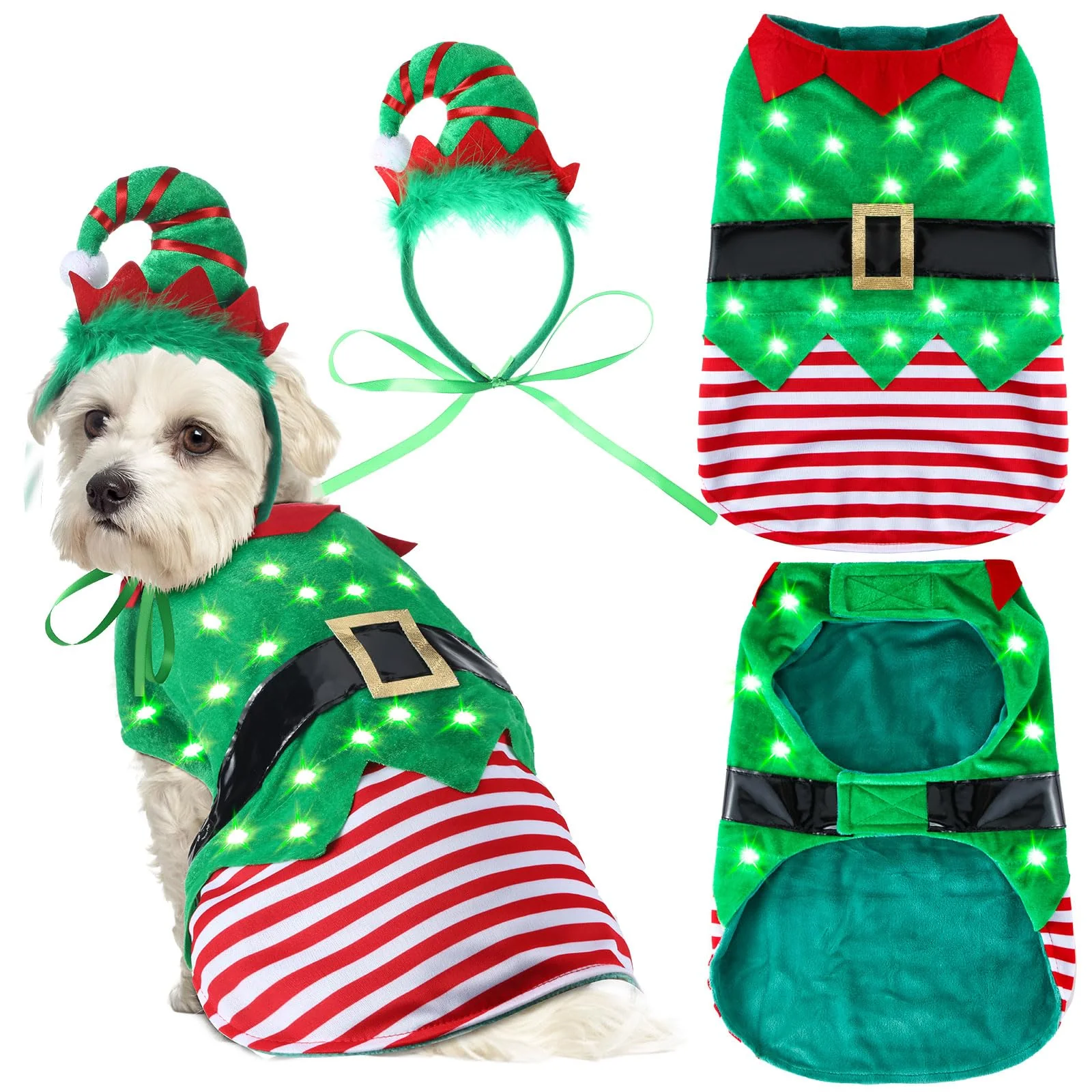 High-Performance Abbylike Christmas Dog Elf Costume with LED Headband – Soft Velvet Holiday Outfit for Small to X-Large Dogs Elegant