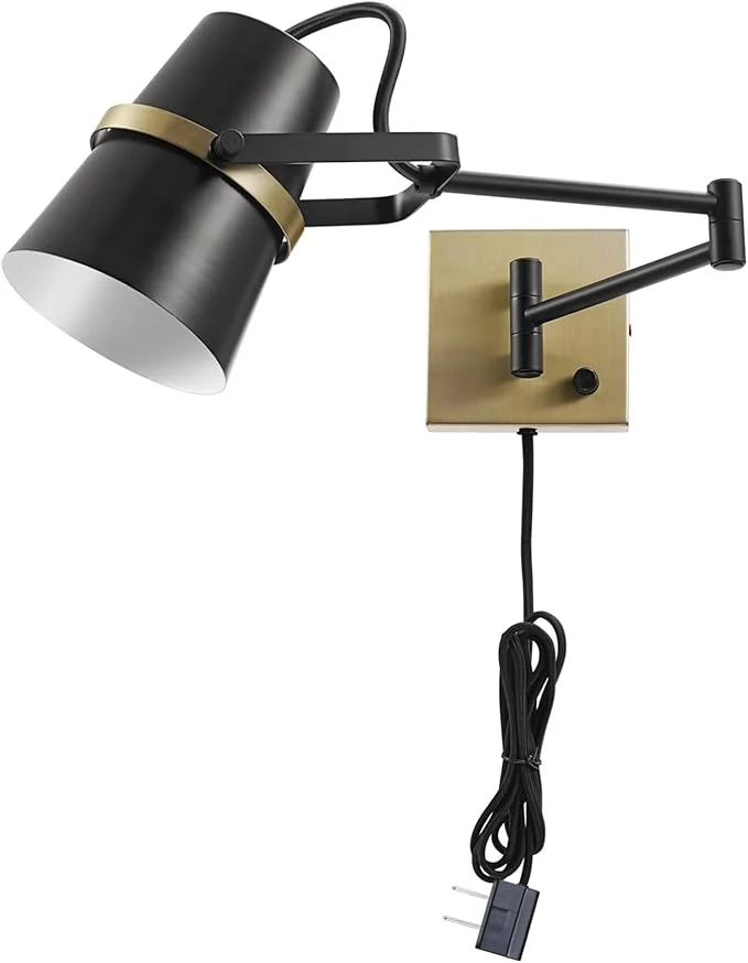 Healthy GLOBE Electric 51345 1-Light Plug-in or Hardwire Swing Arm Wall Sconce Matte Black Brass Accents 6ft Woven Fabric Cord Flat Plug Rotary Switch Modern Light for Apartments and RentalAbout ThisOverview Minimalist