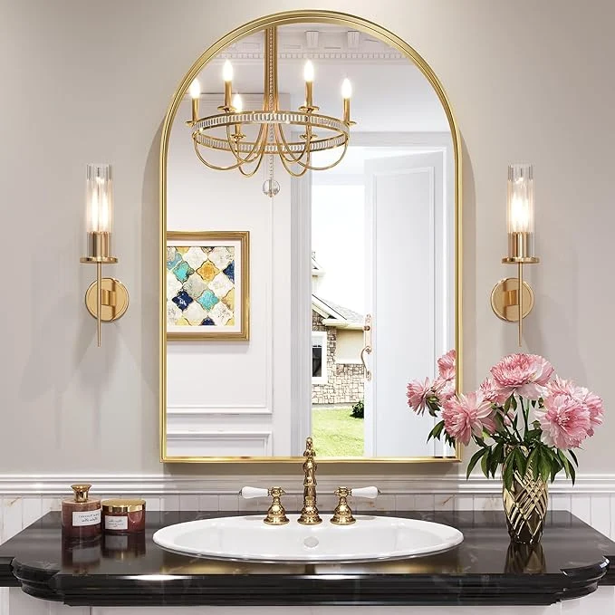 First-Class Brightify Arched Mirror Arched Wall Mirror 28 x 40 Inch Gold Arch Mirror Metal Frame Gold Bathroom Mirror Arched Top Bathroom Vanity Mirror for Living Room Bedroom Mantel Entryway HallwaysAbout ThisOverview Eco-Friendly