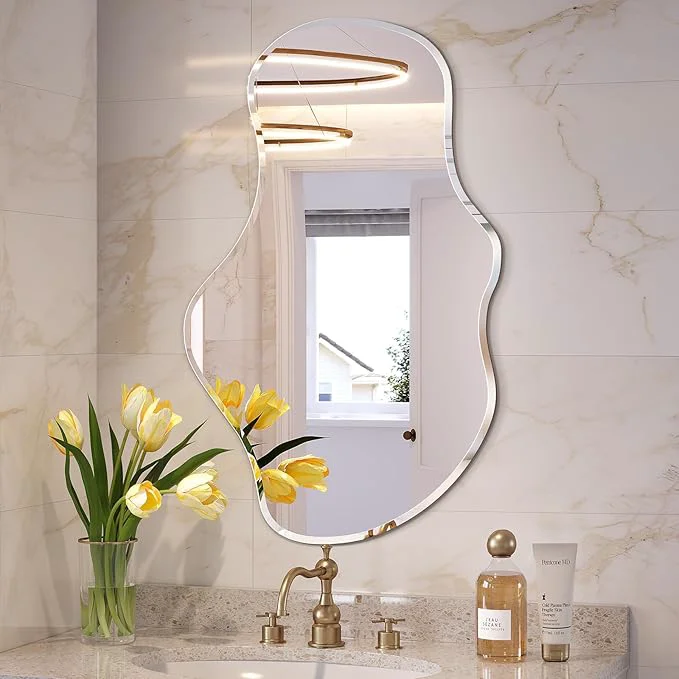 Specialty Irregular Wall Mirror 22 x38 Frameless Asymmetrical Mirror Beveled Frameless Funky Wavy Wall Mirrors for Entry Way Modern Bathroom Bedroom Living RoomAbout ThisOverview Traditional