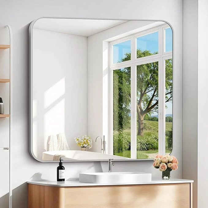 Fashionable 42 x 42 Bathroom Mirror Silver Wall Mirror with Metal Frame Decorative Rectangular Vanity Mirror for Bedroom Bathroom Living Room Entryway Horizontal Vertical About ThisOverview Premium Material