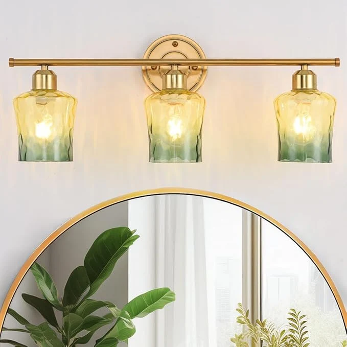 Efficient Modern 3-Light Glass Bathroom Light Over Mirror Gold Vanity Light with Yellow Green Gradient Glass Shade E26 Bathroom Vanity Light for Kitchen Hallway Cabinet Bedroom Living RoomAbout ThisOverview Prestigious
