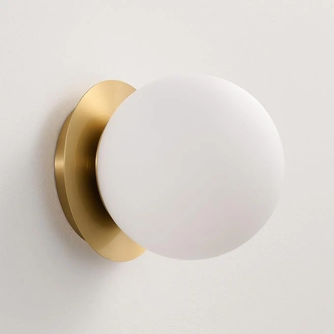 Relaxed Modern Globe Brass Wall Sconce 6 Gold Mid Century Modern Indoor Wall Mounted Lamp - Small Minimalist Frosted White Glass Bathroom Sconces - Ball Vanity Light for Bedroom Living Room Hallway EntrywayAbout ThisOverview Premium Material