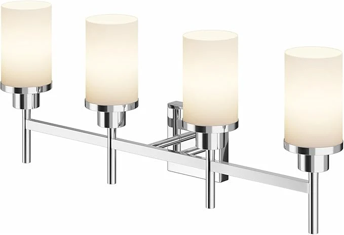 Premium Material 4-Light Vanity Lighting Fixtures with White Frosted Glass Shade Polished Chrome Bathroom Wall Lamps Over Mirror for Bath Restroom Kitchen T001CH-L4About ThisOverview Elite