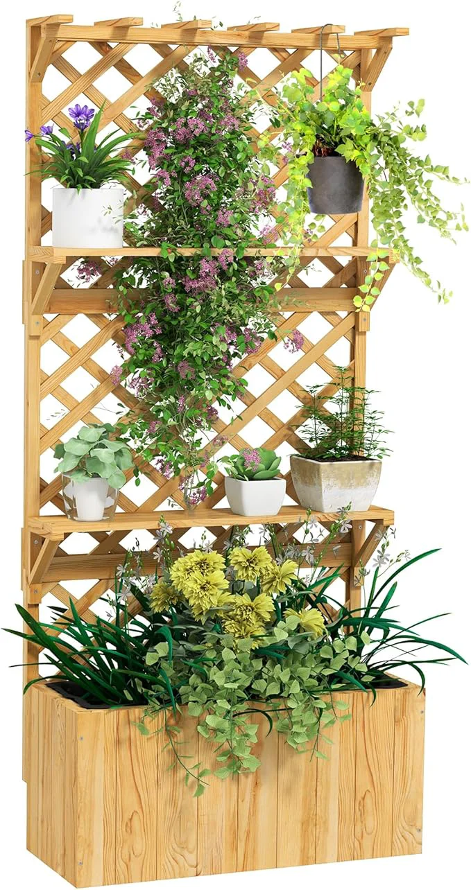 Modern Outsunny Wooden Planter with Trellis Raised Garden Bed with Hanging Roof Plant Shelf Drainage Holes and Bed Liner for Climbing Plants Vegetables Flowers 30 x 13 x 70 NaturalAbout ThisOverview Next-Generation