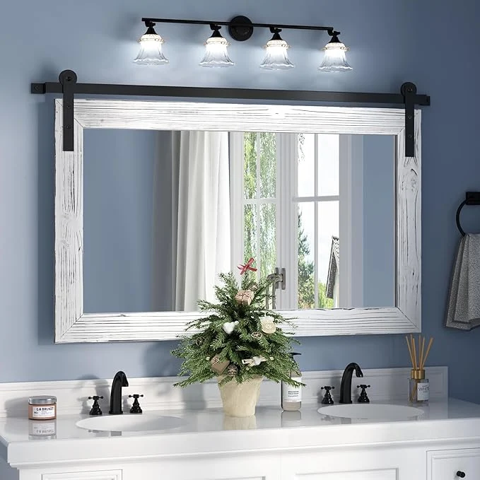 Quality COGOOD Farmhouse Barn Door Mirror - 41 x 26 Rustic Wood Framed Wall Mirror for Bathroom Living Room Bedroom Wall Decor White About ThisOverview Casual