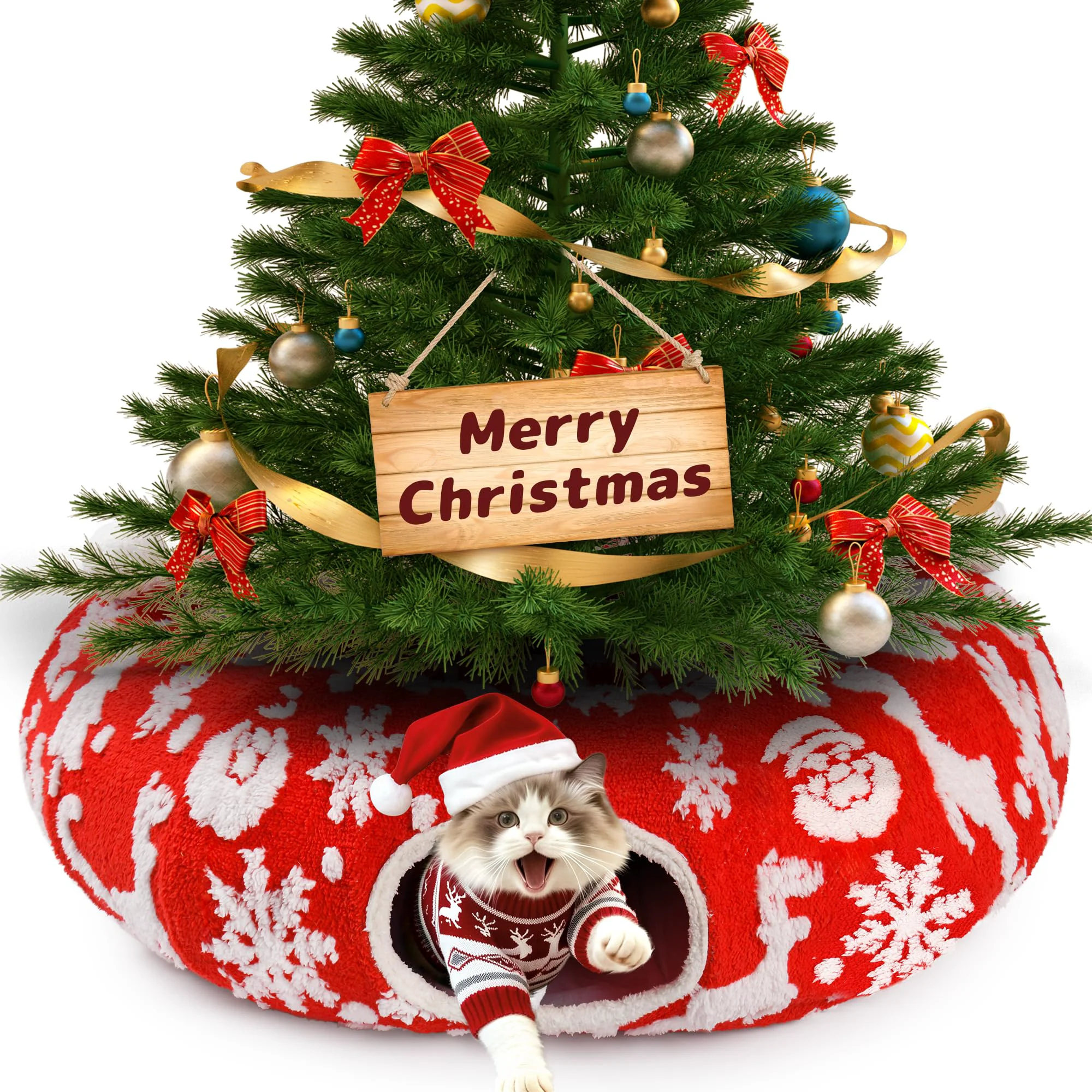 Functional Whmayai Cat Tunnel Christmas Tree Skirt 3-in-1 Foldable Cat Bed Play Durable