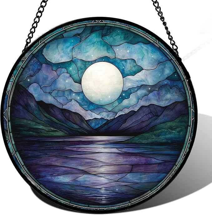 Safe Stained Glass Window Hanging Blue Night Moon Lake Sun Catchers Colorful Glass Panel Landscape Suncatcher Decor for Birthday for Women Men Wife Aunt and Mom 14.9x14.9 inAbout This Sustainable