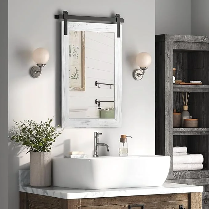 Carefully Designed COGOOD Farmhouse Barn Door Mirror - 26 X 17 Rustic Wood Framed Wall Mirror for Bathroom Living Room Entryway Wall Decorative White About ThisOverview Relaxed