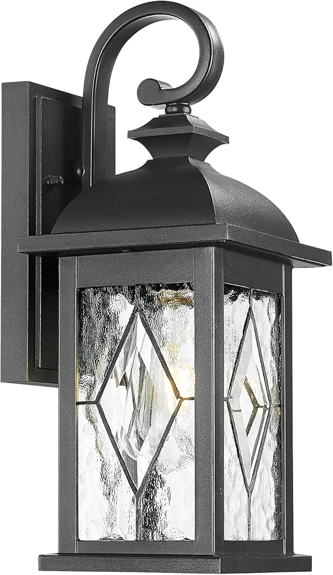 Practical Outdoor Wall Lights Black Exterior Lighting Fixtures with Clear Water Ripper Glass 15 Inch Height Exterior Wall Sconce Light fixtures for House Porch and Garage E26 SocketAbout ThisOverview Original Design