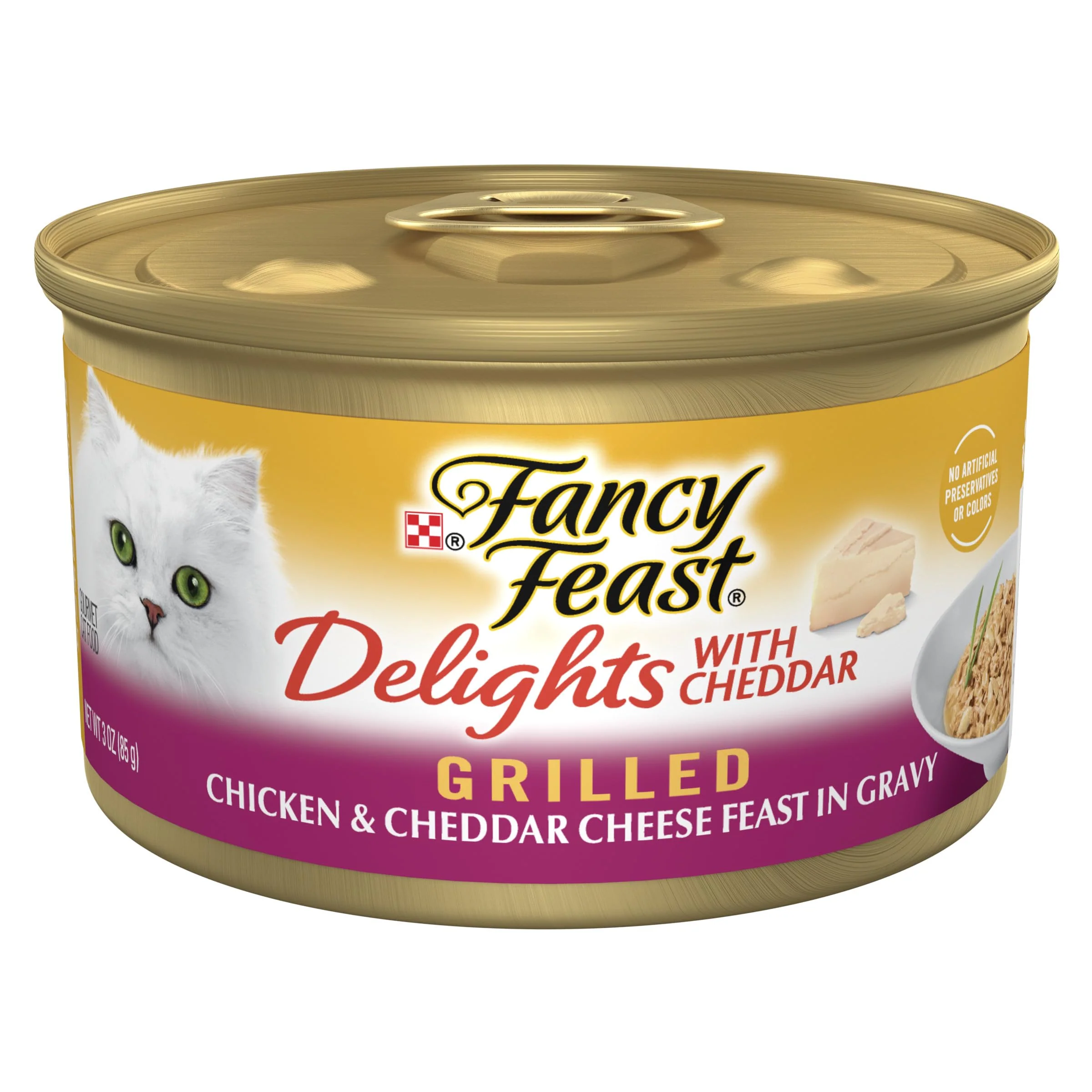 Proven Fancy Feast Delights Grilled Chicken Cheddar Cheese in Gravy Wet Cat Food - Pack of 24 3 oz Cans Clean
