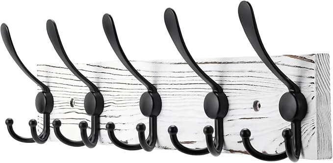 Soft Coat Rack Wall Mount Wooden Hat Rack for Wall Hooks Pine Wood Plank 16.9 White Coat Hanger with 5 Black Triple Hooks for Hanging Coat Hat JacketAbout ThisOverview Stylish