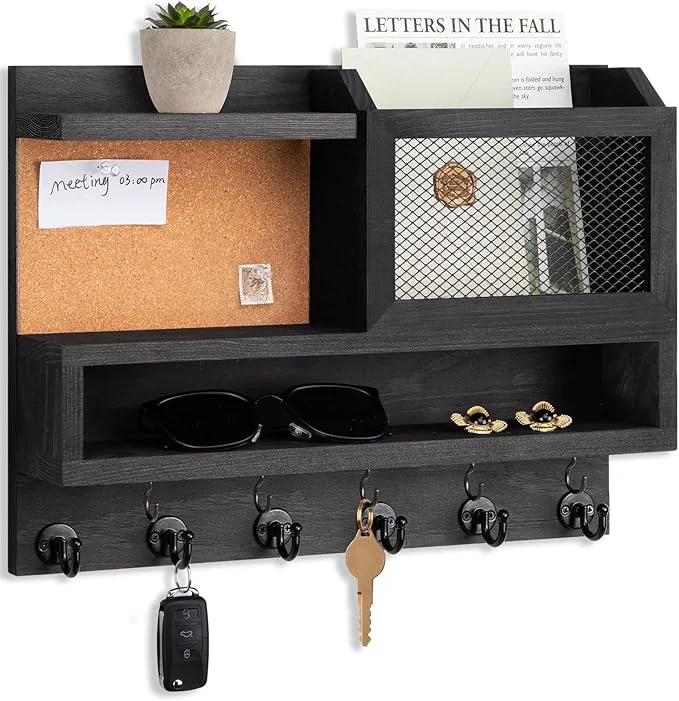 Genuine Key Holder for Wall with Mail Organizer Farmhouse Mail and Key Holder for Wall Key Hanger with ‌Metal 11 Hooks Corkboard and Shelf Decorative Natural Pine Wood Entryway Organizer 14.6 11.1 3.3 BlackAbout ThisOverview Easy-to-Use