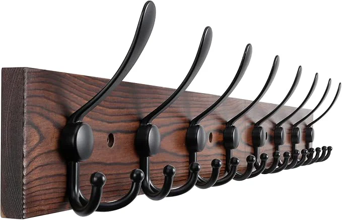 Refined 32.2'' Large Coat Rack Wall Mount Coat Hooks Coat Hanger with 8 Metal Black Triple- Hooks Brown Pine Wood Plank Hat Rack for Wall Hooks for Hanging Coat Hat JacketAbout ThisOverview Versatile