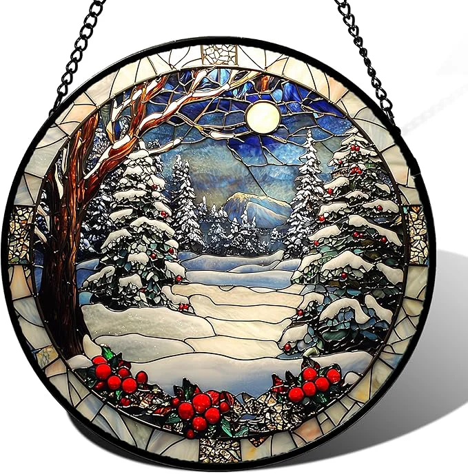 Fashionable Stained Glass Window Hanging Christmas Tree Winter Snow Night Scenery Large 14.9 - Suncatcher Door Garden Kitchen Sun Catcher Home Decor Birthday for Mom Men Woman FriendAbout This Functional