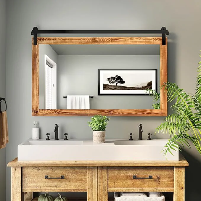 Solid COGOOD Farmhouse Bathroom Mirror - 49 x 30 Rustic Wood Framed Wall Barn Door Mirror for Entryway Living Room Entryway Wall Decor Brown About ThisOverview High-End