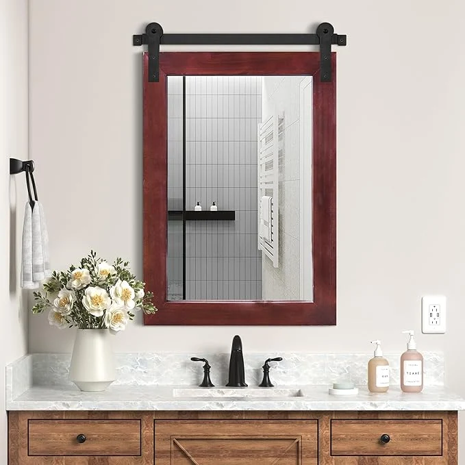 Breathable COGOOD Farmhouse Barn Door Mirror - 21 x 30 Rustic Wood Framed Wall Mirror for Bathroom Living Room Entryway Wall Decor Espresso About ThisOverview First-Class