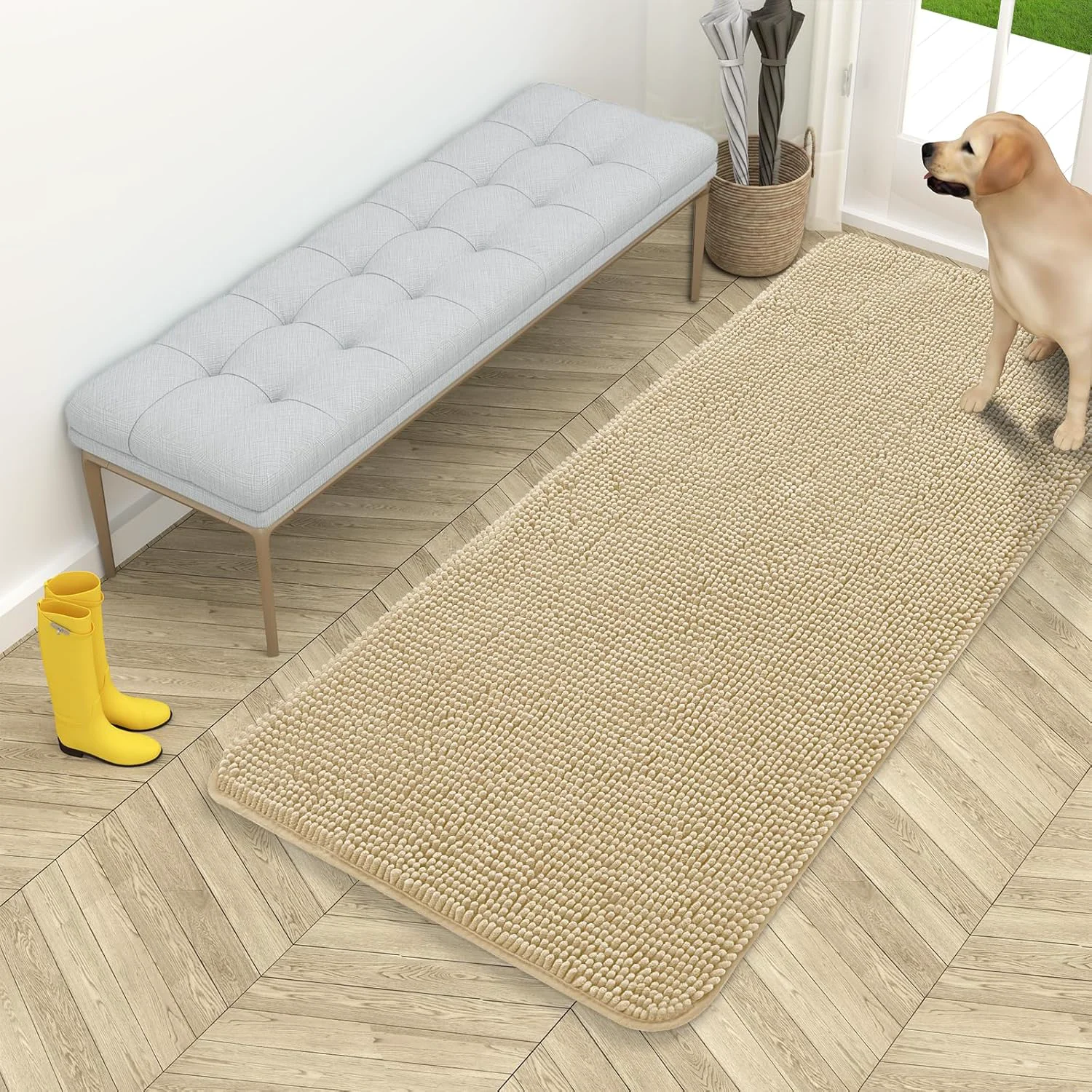 Safe OLANLY Dog Door Mat for Muddy Paws 54x24 Absorbs Moisture and Dirt Absorbent Non-Slip Washable Doormat Quick Dry Chenille Mud Mat for Dogs Entry Indoor Entryway Carpet for Inside Floor Beige Clean