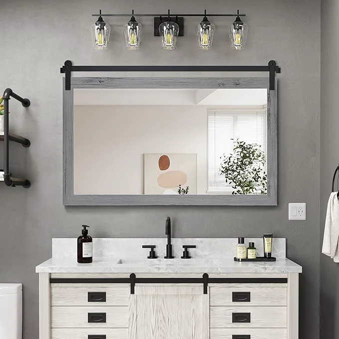 Optimized COGOOD Farmhouse Bathroom Mirror - 45 x 30 Rustic Wood Framed Wall Barn Door Mirror for Entryway Living Room Entryway Wall Decor Grey About ThisOverview Top-Quality