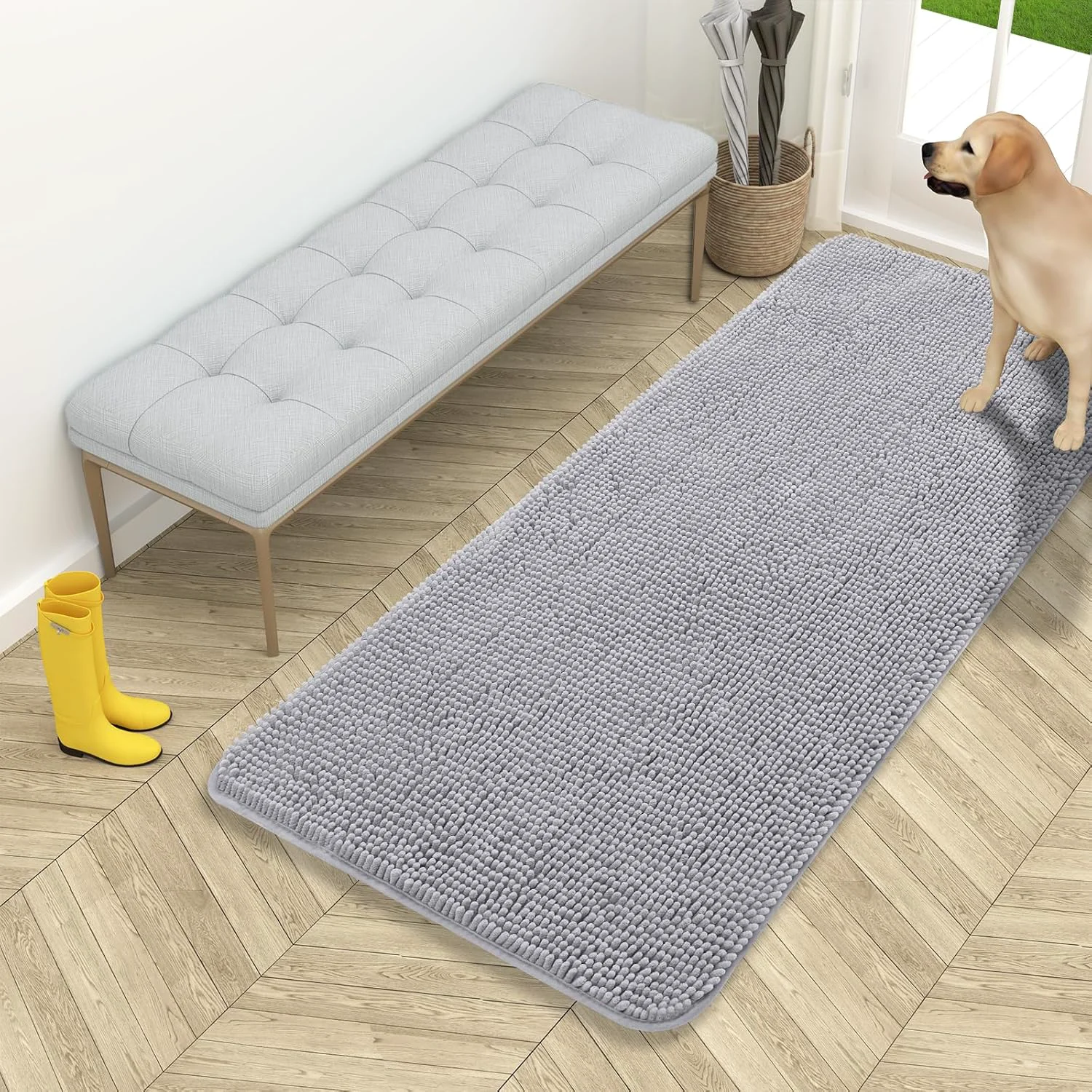 Reusable OLANLY Dog Door Mat for Muddy Paws 54x24 Absorbs Moisture and Dirt Absorbent Non-Slip Washable Doormat Quick Dry Chenille Mud Mat for Dogs Entry Indoor Entryway Carpet for Inside Floor Light Grey Green