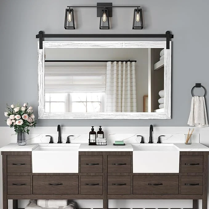 Secure COGOOD Farmhouse Bathroom Mirror - 49 x 30 Rustic Wood Framed Wall Barn Door Mirror for Entryway Living Room Entryway Wall Decor White About ThisOverview Breathable