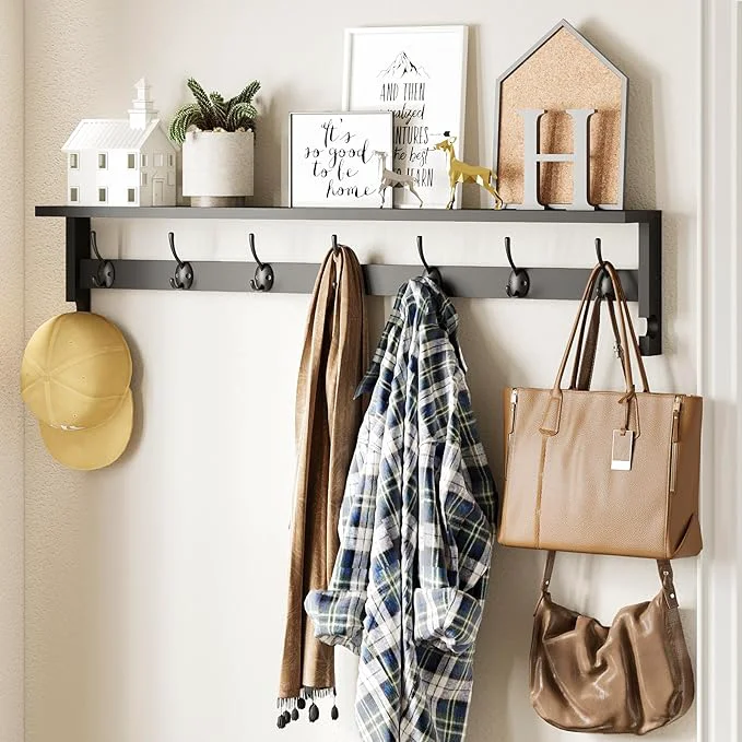 Convenient AMBIRD Coat Rack Wall Mount Wood Coat Hooks with Shelf Wall Key Holder with Shelf in Entryway Kitchen Living Room Bathroom Bedroom Black About ThisOverview Traditional