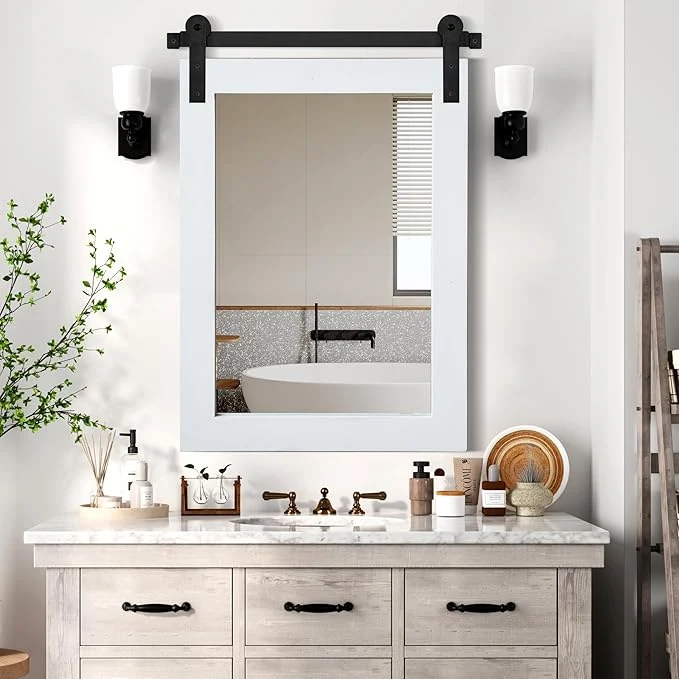 Unique COGOOD Farmhouse Barn Door Mirror - 25 x 38 Rustic Bathroom Mirror for Living Room Entryway Vanity Wall Decor Pure White About ThisOverview Elegant
