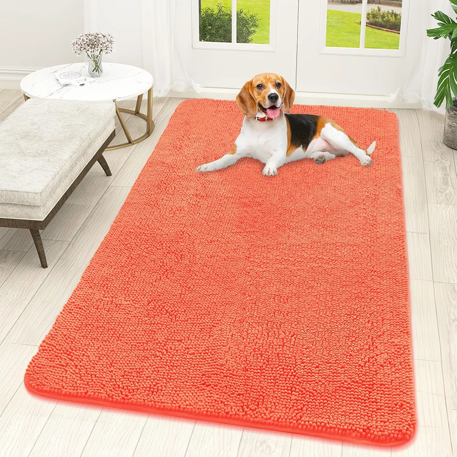 Smooth OLANLY Dog Door Mat for Muddy Paws 59x32 Absorbs Moisture and Dirt Absorbent Non-Slip Washable Doormat Quick Dry Chenille Mud Mat for Dogs Entry Indoor Entryway Carpet for Inside Floor Coral High-Grade