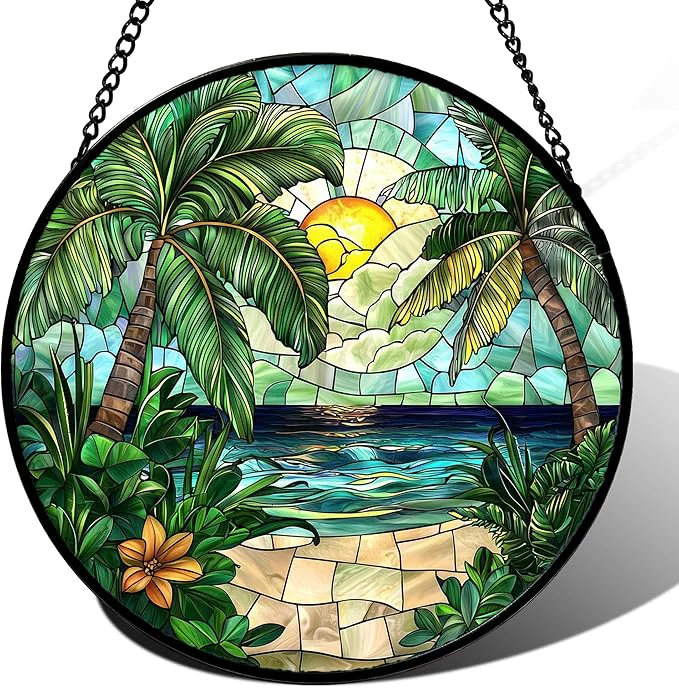 Prestigious Stained Glass Window Hanging Green Beach Scenery Suncatcher Diamond Glass Panel Hangings Sun Catchers Decor for Birthday for Women Men Wife Aunt and Mom 14.9x14.9 inAbout This Advanced