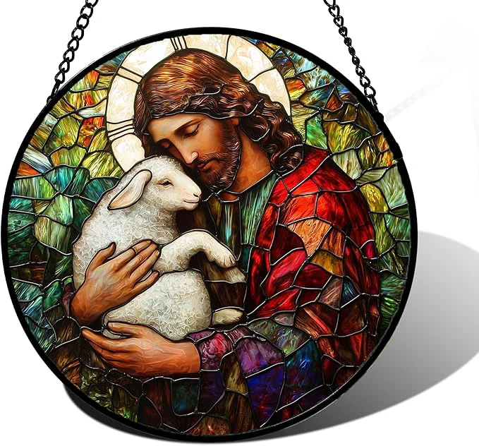 Authentic Stained Glass Window Hanging Jesus Little Lamb Sun Catchers Colorful Glass Panel Christianity Suncatcher Decor for Birthday for Women Men Wife Aunt and Mom 9.8 inAbout This Expertly Made