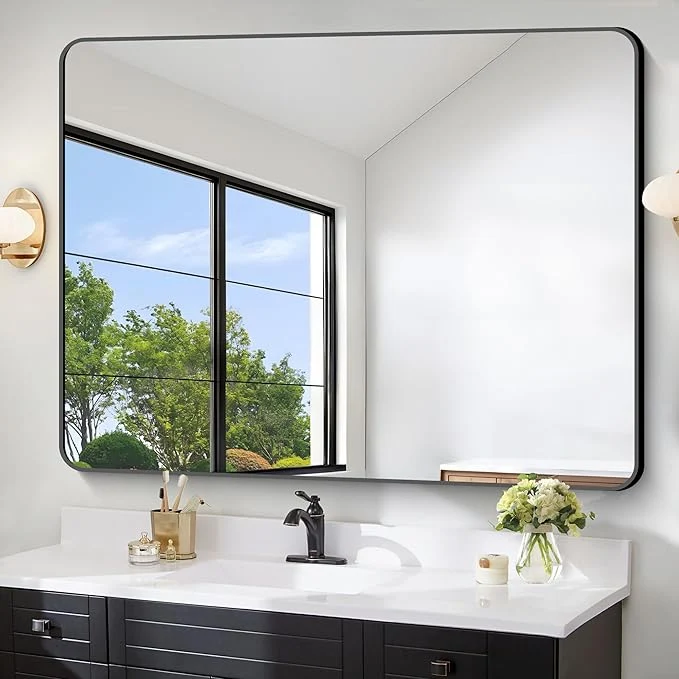 Functional FORBATH Large Bathroom Mirror 48 x 36 Inches，Black Large Wall Mirror Aluminum Frame Wall Mounted Rounded Corner Morndern Mirror for Bathroom Bedroom Entryway Living RoomAbout ThisOverview Secure