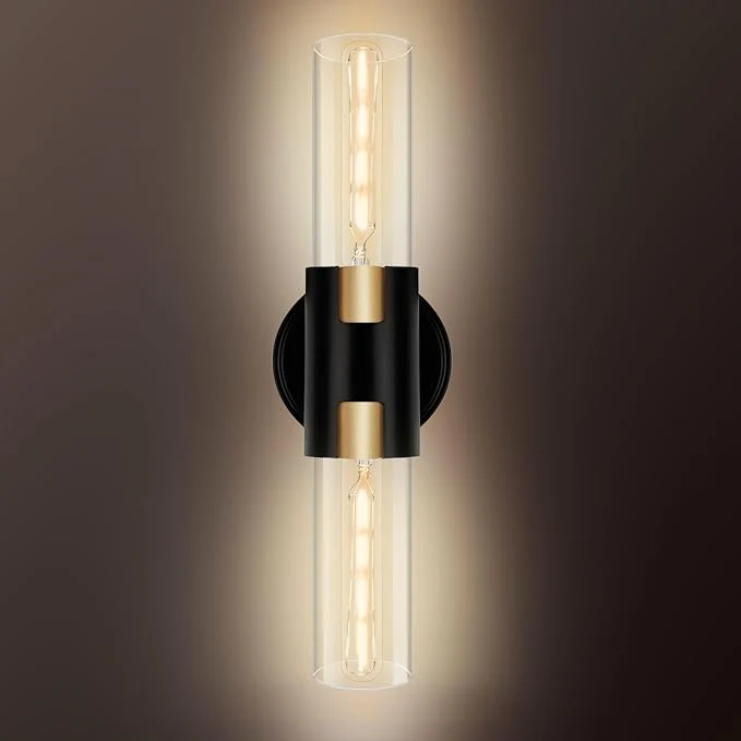 Original Design 2-Light Bathroom Vanity Light Fixtures 17.5 Indoor Wall Sconce with Clear Glass Modern Cylinder Wall Lights for Bathroom Bedroom Hallway Stairways Living Room Matt Black About ThisOverview Premium