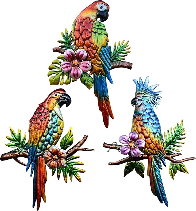 Elite Voumsil 3 Pieces Parrot Metal Wall Art Decor Tropical Bird Hanging Outdoor Decor for Patio Balcony Garden Fence Art Living Bedroom Wall Sculpture Indoor Outdoor…About This Reusable