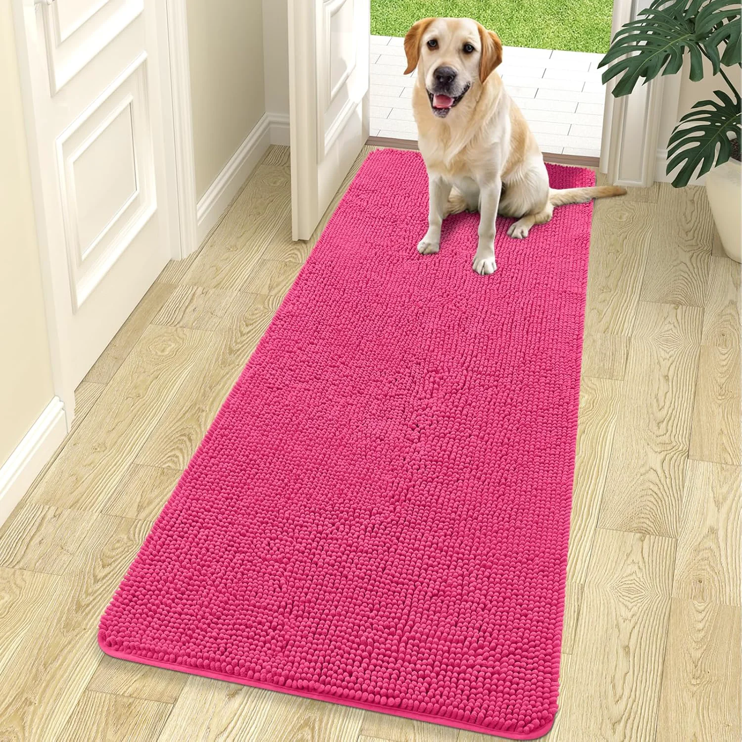 Stylish OLANLY Dog Door Mat for Muddy Paws 70x24 Absorbs Moisture and Dirt Absorbent Non-Slip Washable Doormat Quick Dry Chenille Mud Mat for Dogs Entry Indoor Entryway Carpet for Inside Floor Hot Pink Next-Generation